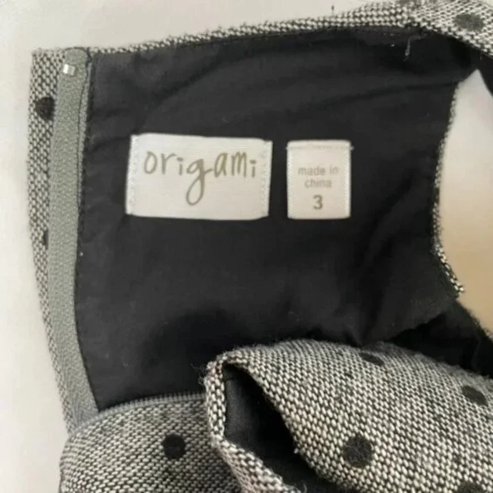 Origami Girl's Size 3 Pleated Jumper Wool Blend Gray Black Polka Dot Ribbon Belt